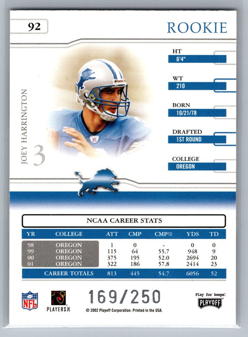 2002 Playoff Prime Signatures #92 Joey Harrington RC 169/250