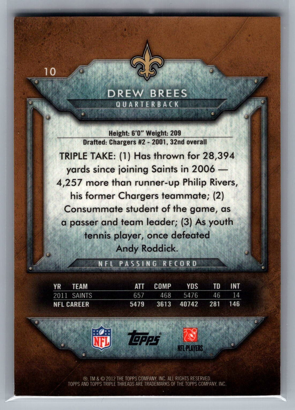 2012 Topps Triple Threads #10 Drew Brees Sepia 174/310