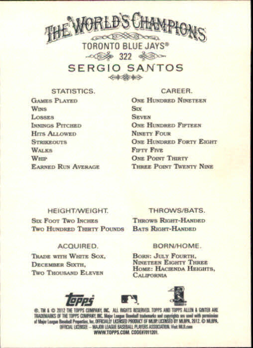 2012 Topps Allen and Ginter #322 Sergio Santos SP - NM