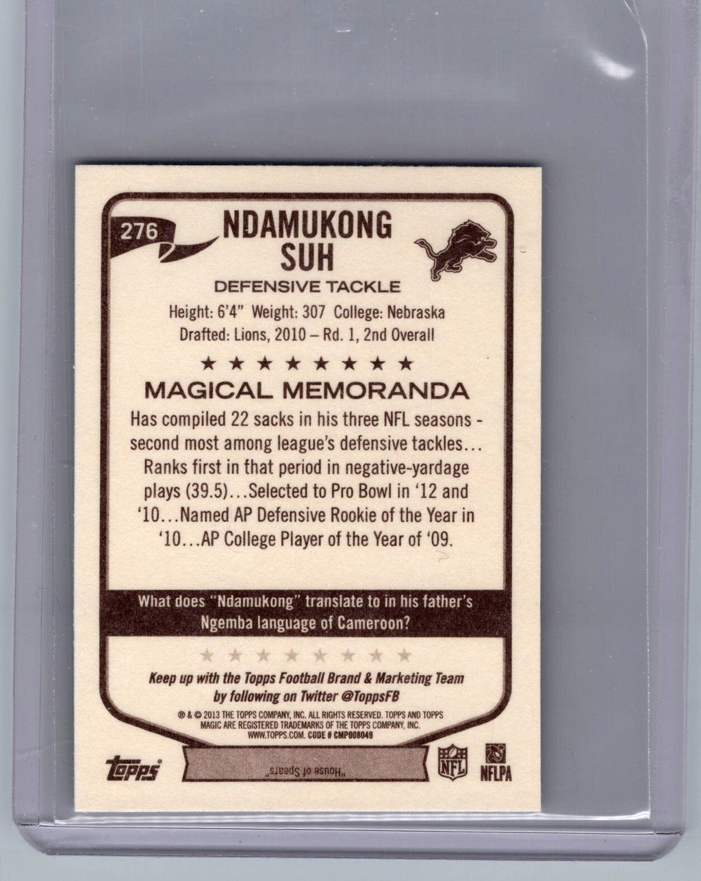 2013 Topps Magic #276 Ndamukong Suh Mini Black Border