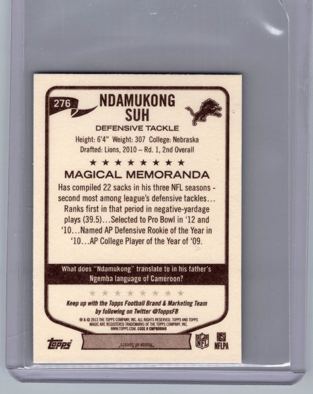 2013 Topps Magic #276 Ndamukong Suh Mini Black Border