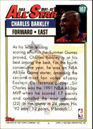 1992-93 Topps Gold #107 Charles Barkley AS - NM