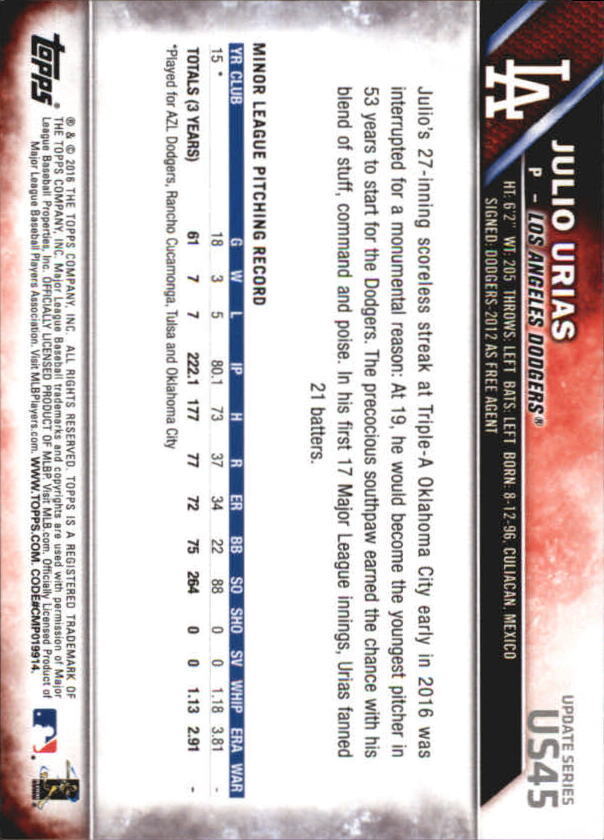 2016 Topps Update #US45A Julio Urias RC - NM