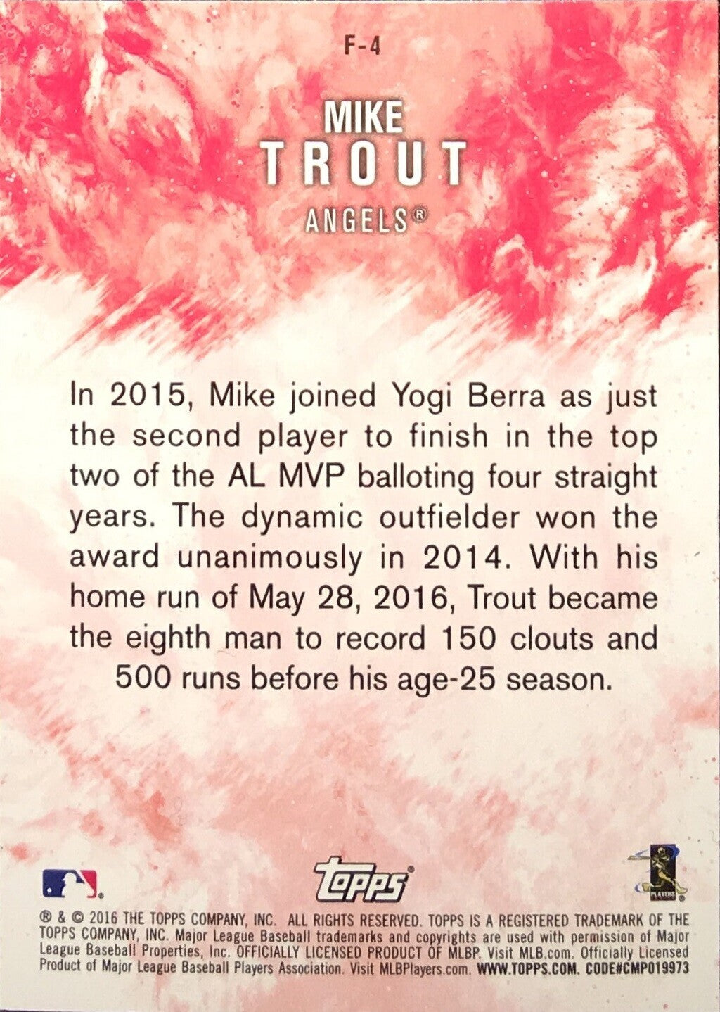 2016 Topps Update Fire #F4 Mike Trout - NM
