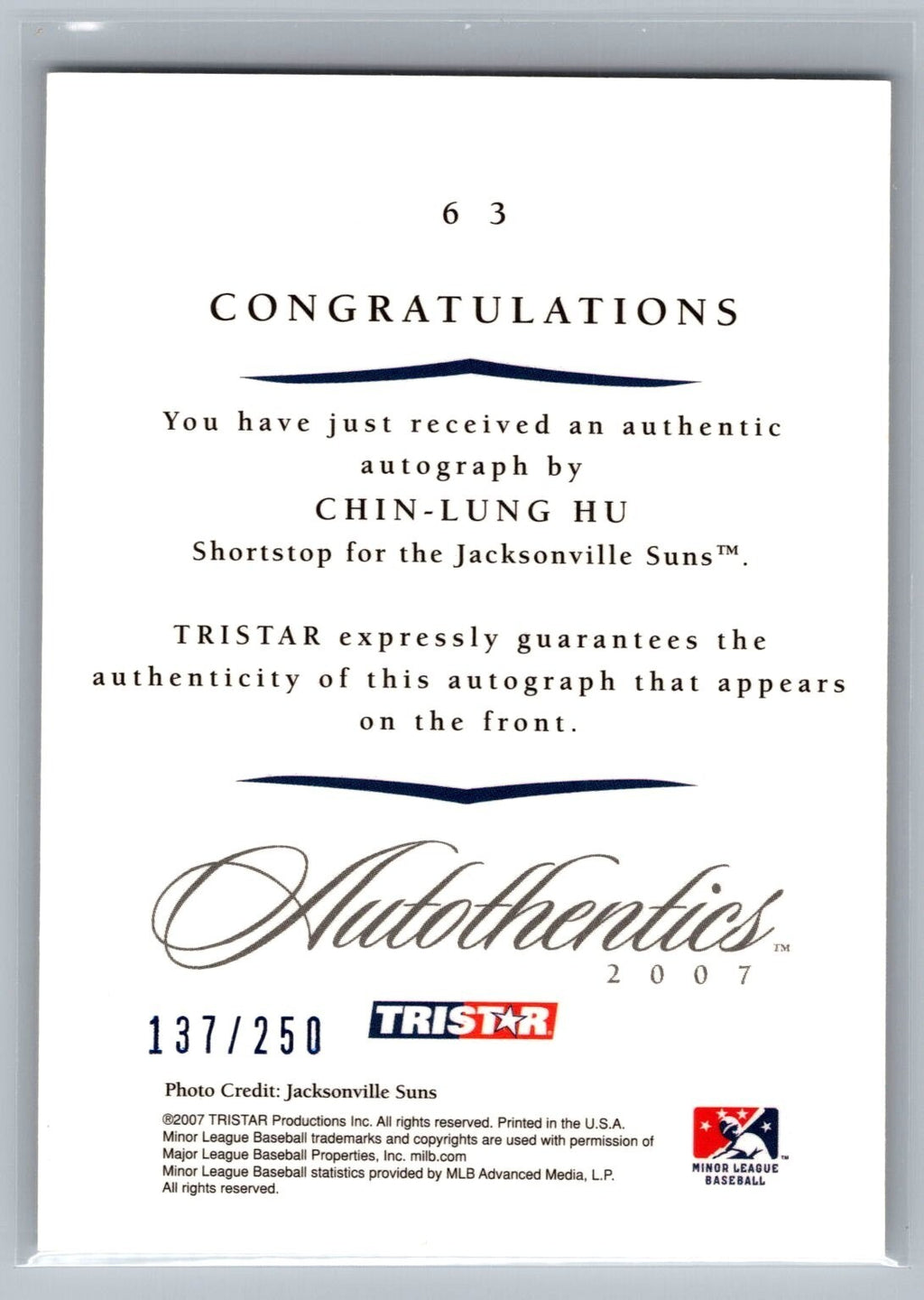 2007 TRISTAR Autothentics Autographs Blue #63 Chin-Lung Hu #'d 137/250