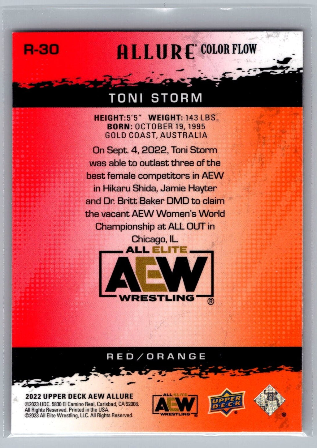 2022 Upper Deck Allure AEW #R-30 Toni Storm Color Flow Red-Orange