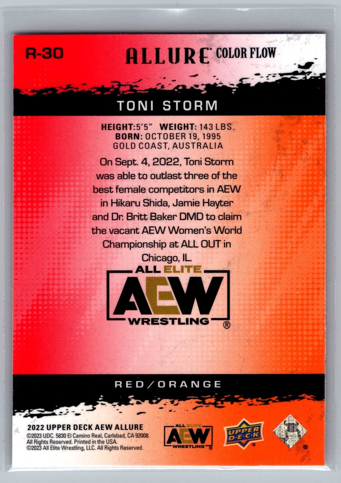 2022 Upper Deck Allure AEW #R-30 Toni Storm Color Flow Red-Orange