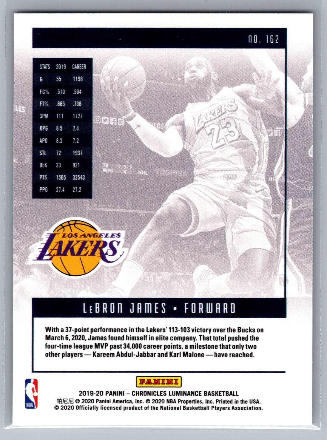 2019-20 Panini Chronicles #162 LeBron James