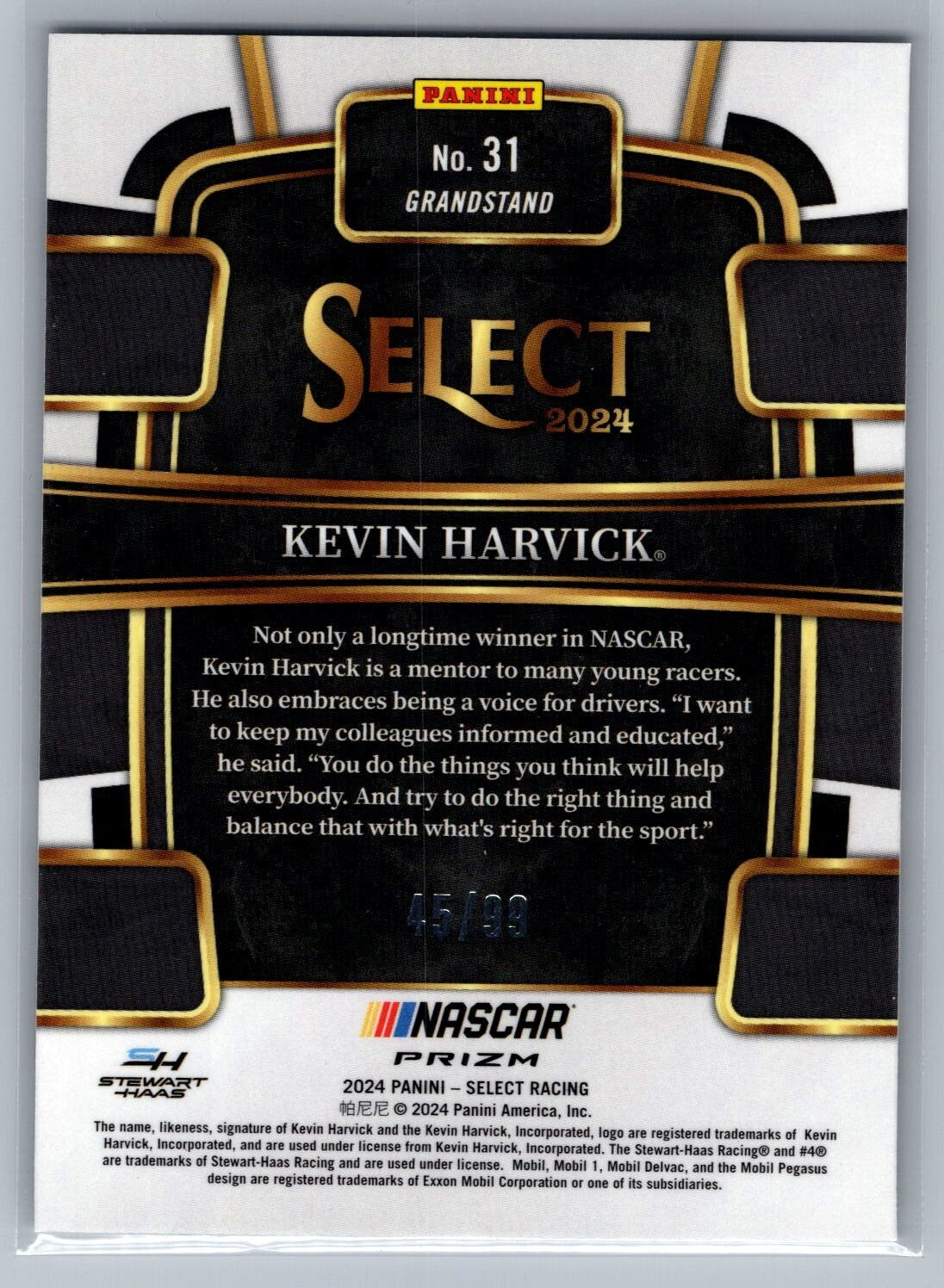 2024 Panini Select #31 Kevin Harvick Silver Prizms 45/99