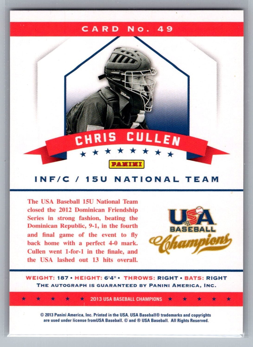 2013 USA Baseball Champions National Team Certified Signatures Red Ink #49 5/25