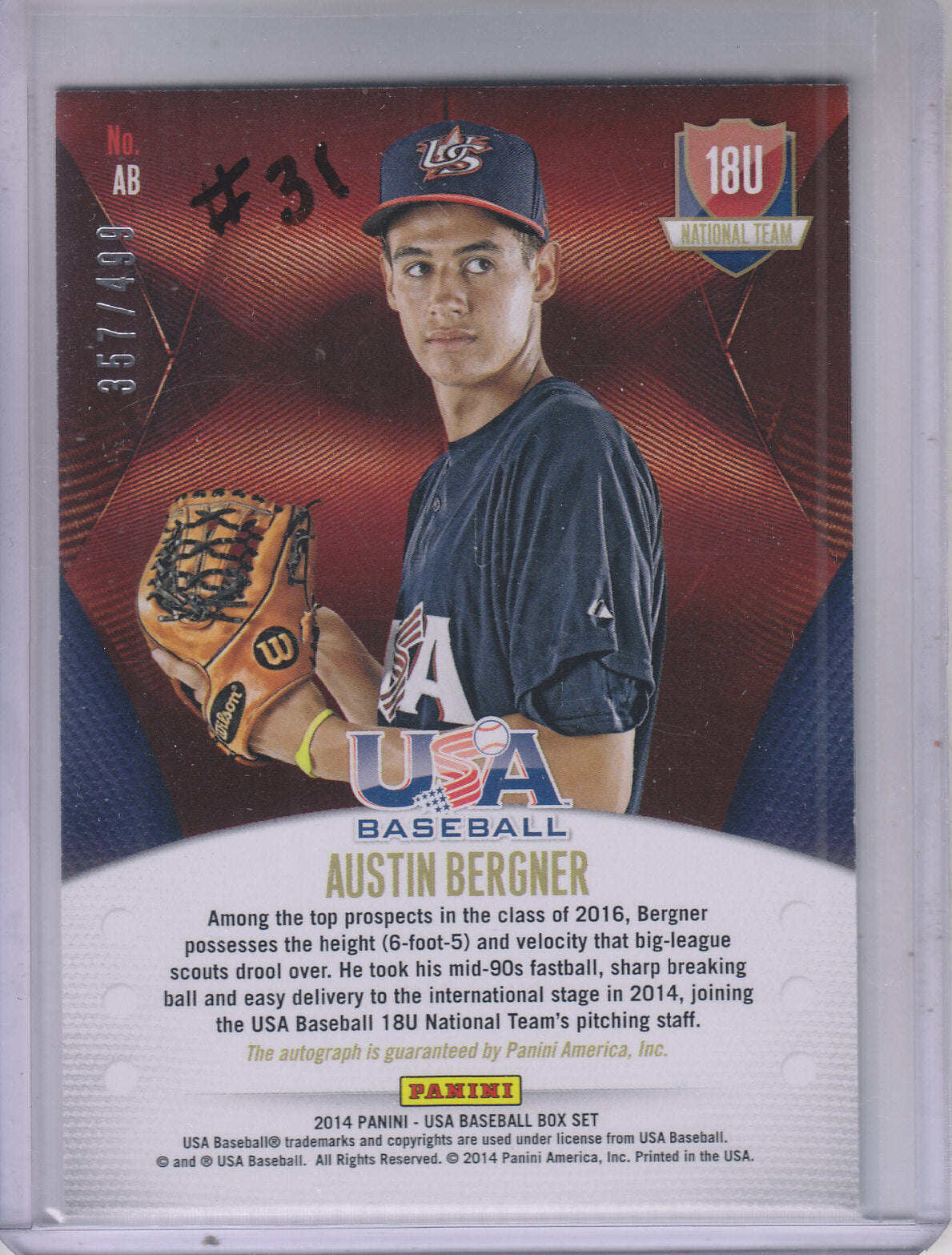 2014 USA Baseball 18U National Team Signatures #AB Austin Bergner Auto 341/499