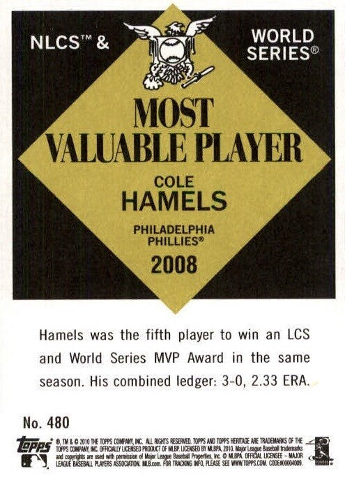 2010 Topps Heritage #480 Cole Hamels SP - NM