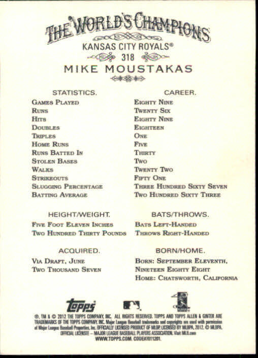 2012 Topps Allen and Ginter #318 Mike Moustakas SP - NM