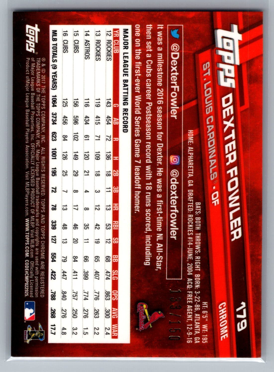 2017 Topps Chrome #179 Dexter Fowler Blue Refractor 133/150