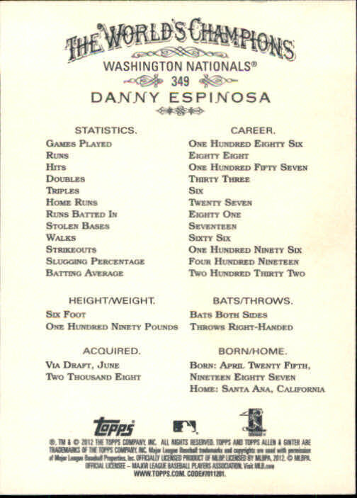 2012 Topps Allen and Ginter #349 Danny Espinosa SP - NM