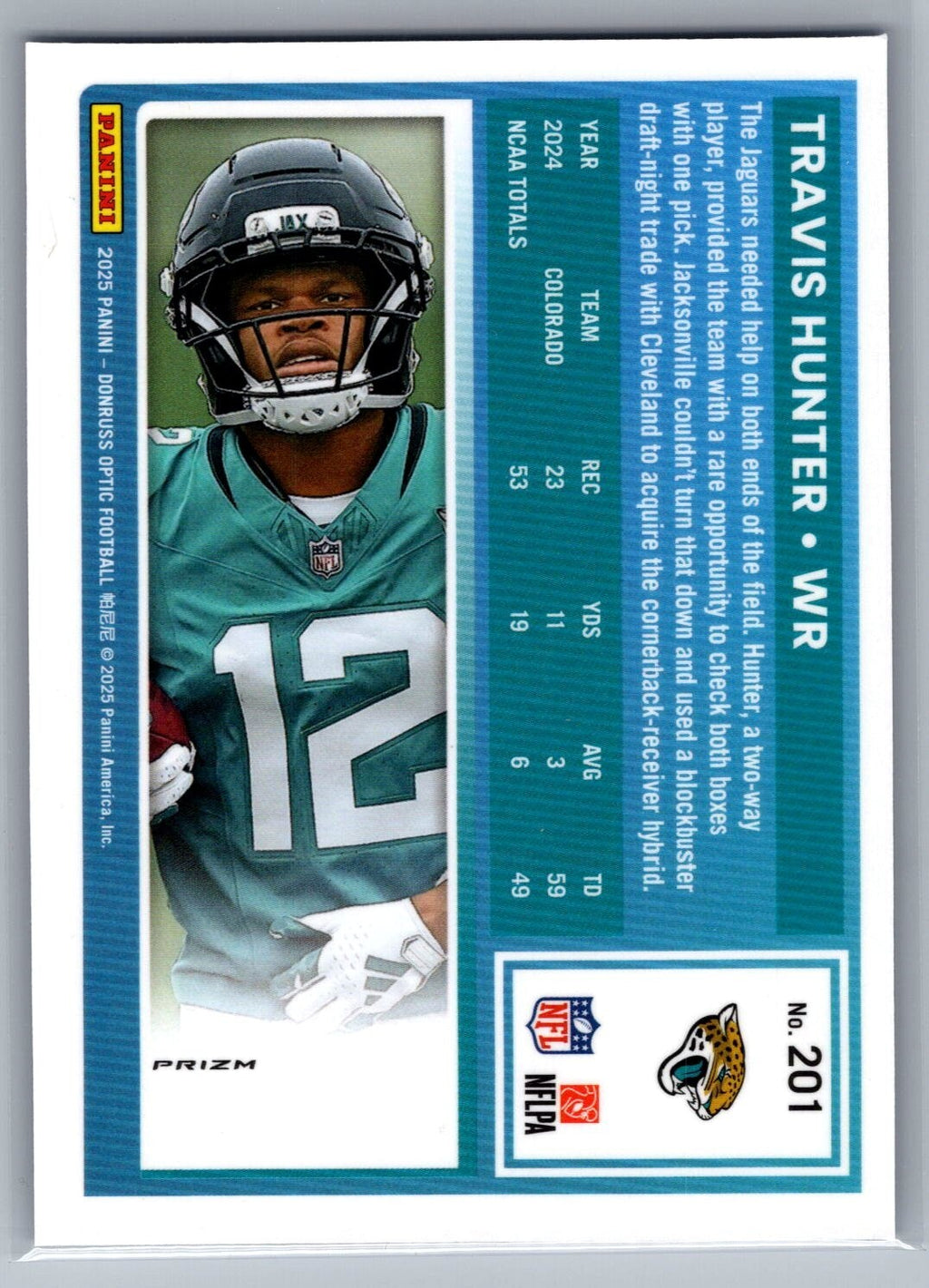 2025 Donruss Optic #201 Travis Hunter Blue Hyper