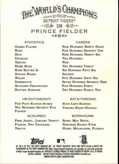 2012 Topps Allen and Ginter #338 Prince Fielder SP - NM